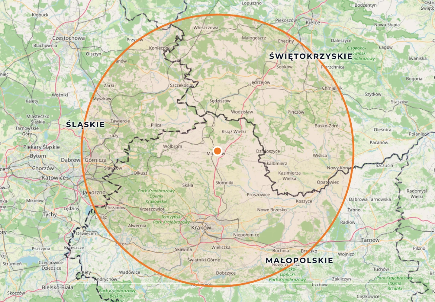 Mapa obszaru działania: okrąg o promieniu ok. 60 km wokół Miechowa, obejmujący części województw małopolskiego, świętokrzyskiego i śląskiego